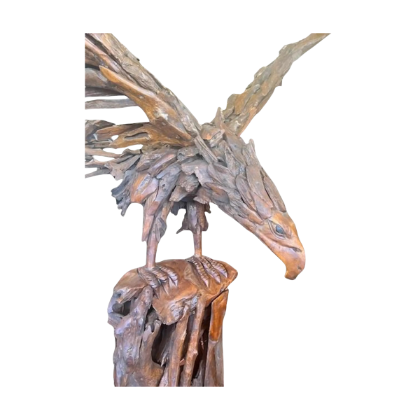 7' Teak Eagle Statue – Tree Stump Base Indoor Outdoor Decor - Image 2