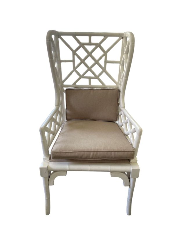 Pair of Coastal Boho Mahogany Pagoda Wingback Armchairs - Image 3