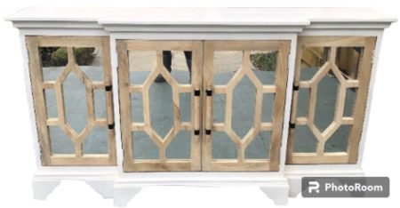 White Coastal Carved Mirror Door Credenza