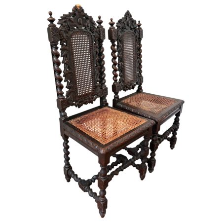 Pair of Antique Barley Twist , Cane and Carved Chairs