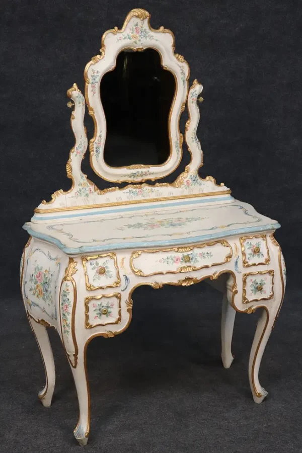 Fantastic Antique Painted Gilded Italian Venetian Bombe Vanity with Mirror - Image 2