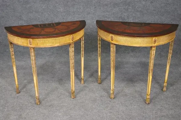 Fine Pair English Adams Paint Decorated Demilune Figural Console Tables - Image 3
