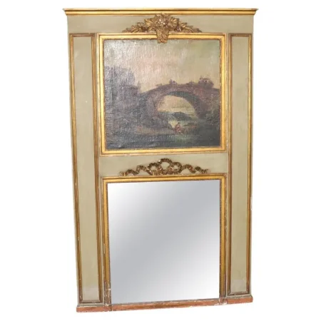 Early 19th century Painted and Gilded French Trumeau Mirror with Oil Painting