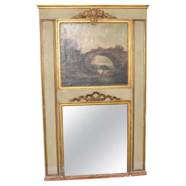 Early 19th century Painted and Gilded French Trumeau Mirror with Oil Painting