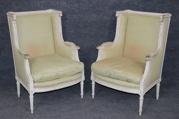 Exceptional pair of French Louis XVI Style Creme Painted Bergere Chairs - Image 11