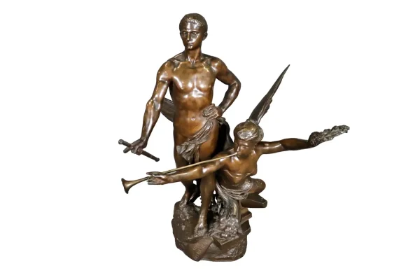 19TH C Signed L Madrassi Bronze Sculpture Man With Angel