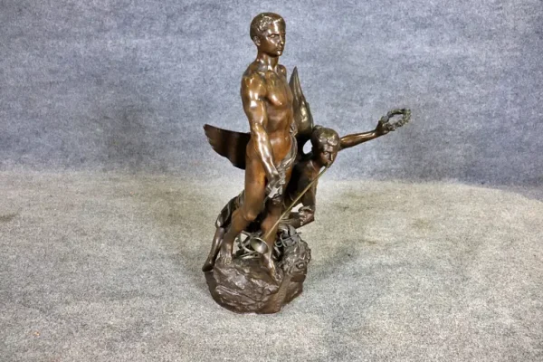 19TH C Signed L Madrassi Bronze Sculpture Man With Angel - Image 3