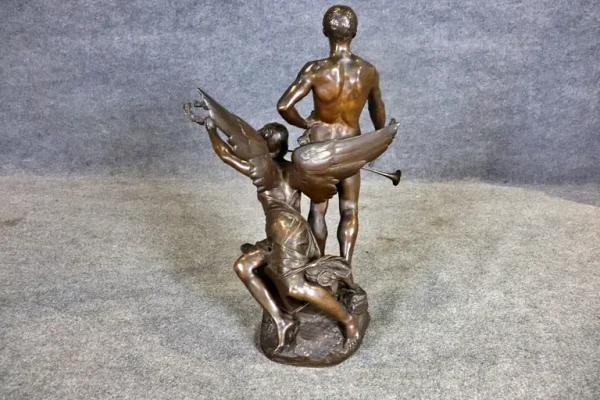 19TH C Signed L Madrassi Bronze Sculpture Man With Angel - Image 4