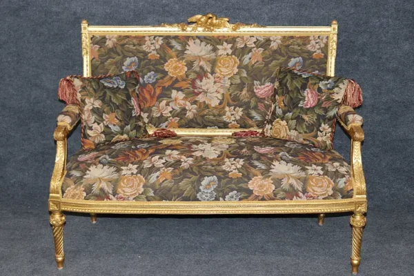 Fantastic Carved Birds Parcel Gilded French Louis XVI Style Settee Canape - Image 2