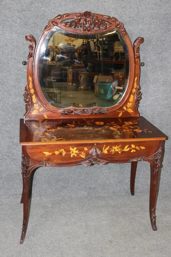French Art Nouveau Inlaid Walnut and Satinwood ladies Vanity Manner Galle - Image 2