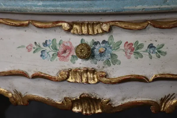 Fantastic Antique Painted Gilded Italian Venetian Bombe Vanity with Mirror - Image 4