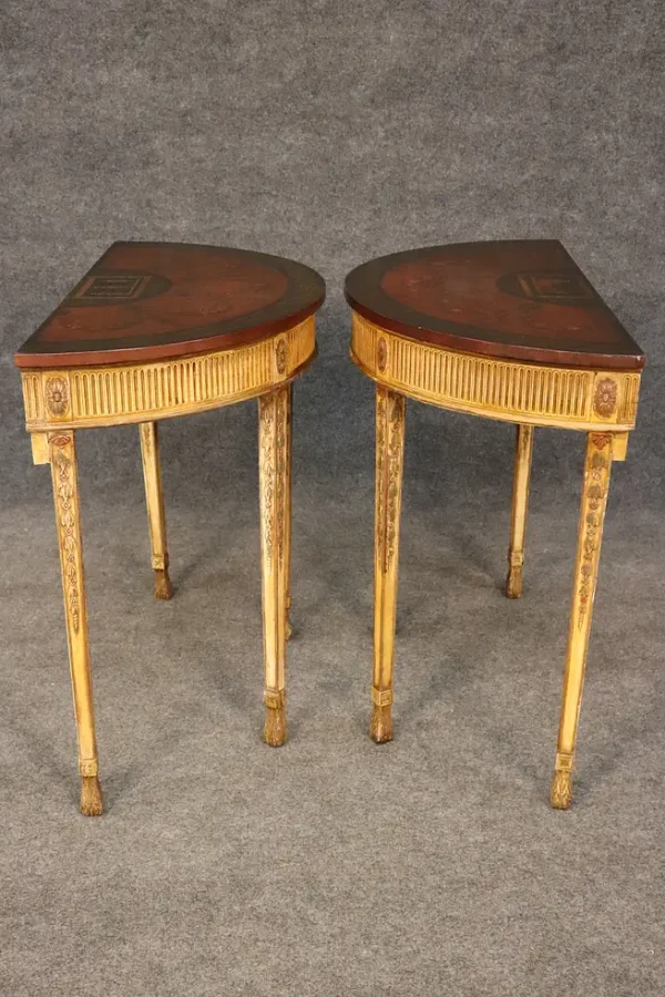 Fine Pair English Adams Paint Decorated Demilune Figural Console Tables - Image 4