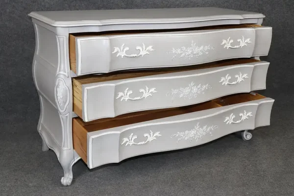 Contemporary Hand-Painted Serpentine Gray and White Painted Commode Dresser - Image 3