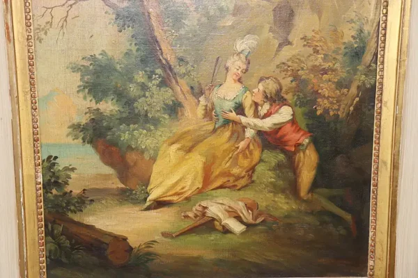 Fantastic 1900s era French Trumeau Mirror with Courtship Painting Oil on Board - Image 5