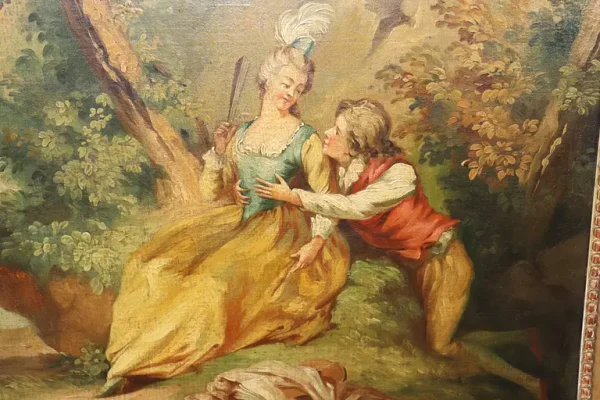 Fantastic 1900s era French Trumeau Mirror with Courtship Painting Oil on Board - Image 4