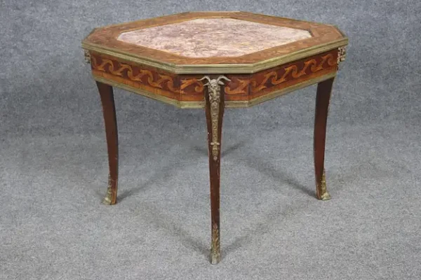 Fine Marble and Inlaid Walnut Rams French Louis XV Bronze Mounted Accent Table - Image 4