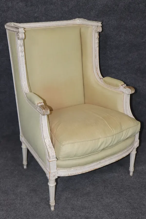 Exceptional pair of French Louis XVI Style Creme Painted Bergere Chairs - Image 8