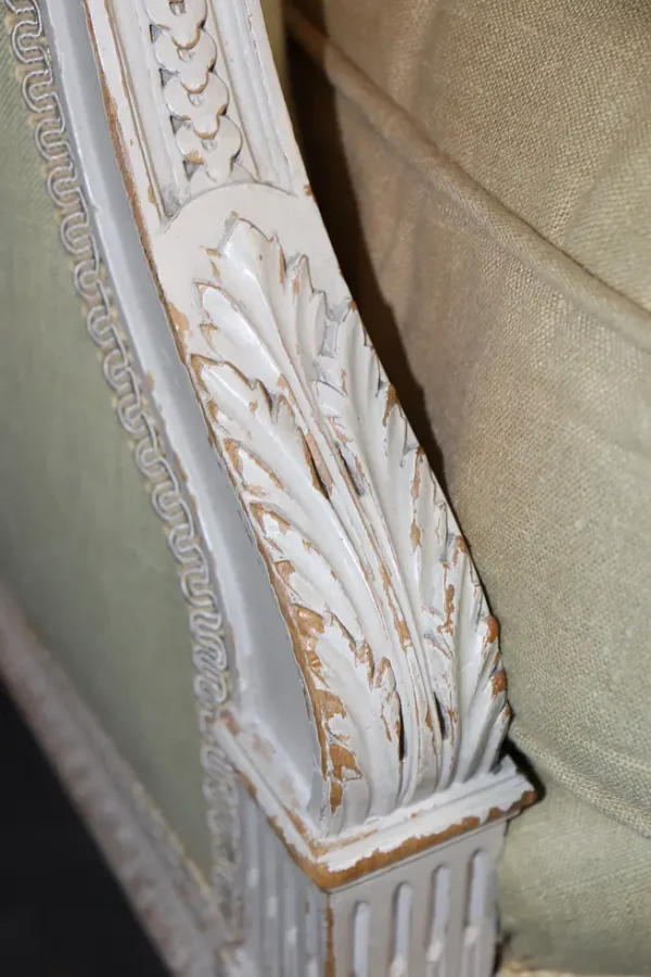 Exceptional pair of French Louis XVI Style Creme Painted Bergere Chairs - Image 5