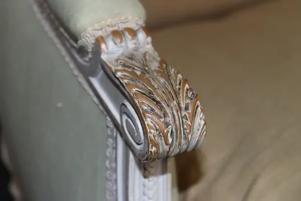 Exceptional pair of French Louis XVI Style Creme Painted Bergere Chairs - Image 4