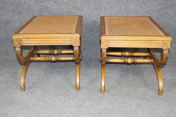 Fine Pair French Walnut Cane Directoire 1950s era X Cerule X Benches - Image 4