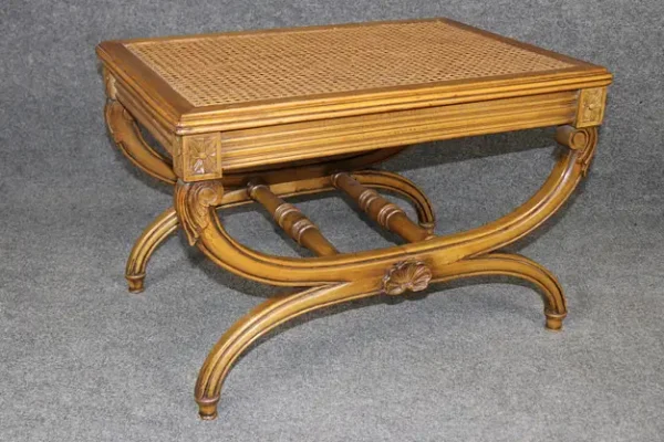 Fine Pair French Walnut Cane Directoire 1950s era X Cerule X Benches - Image 3