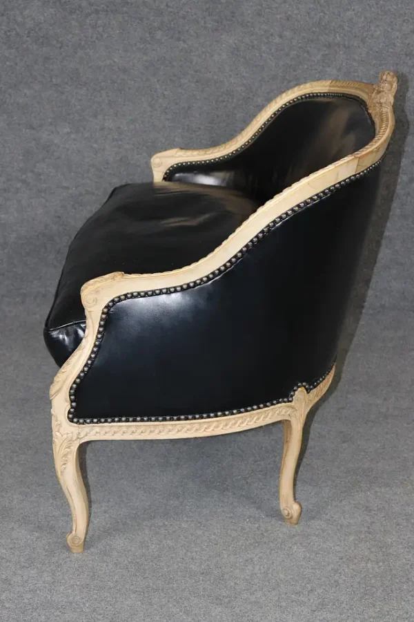 Fine French Carved Leather Paint Decorated Louis XV Settee Canape 1950s Era - Image 3