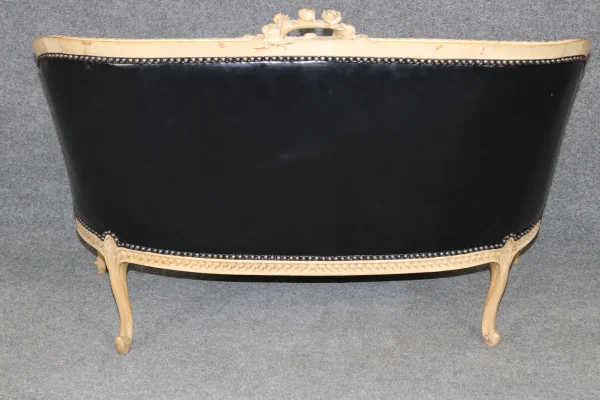 Fine French Carved Leather Paint Decorated Louis XV Settee Canape 1950s Era - Image 4