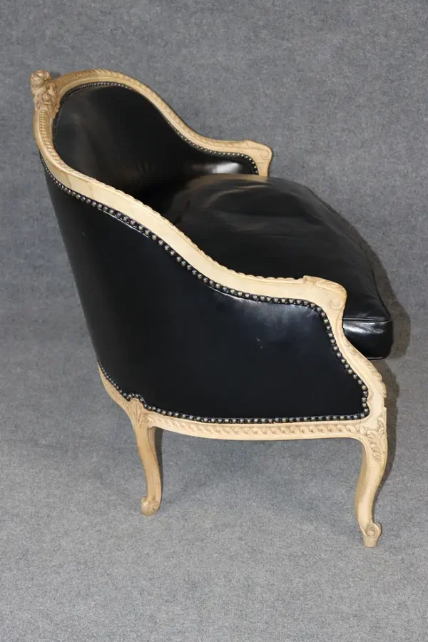 Fine French Carved Leather Paint Decorated Louis XV Settee Canape 1950s Era - Image 2