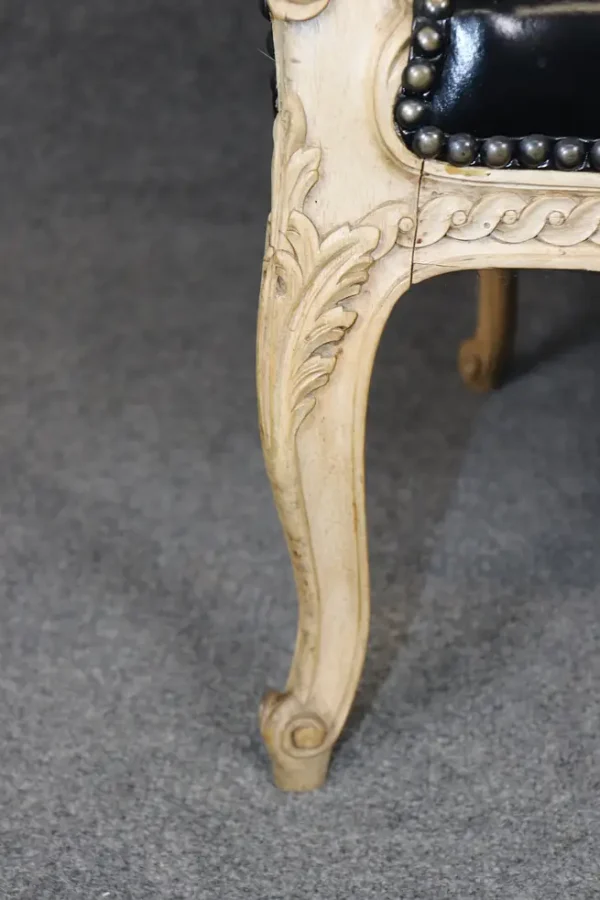Fine French Carved Leather Paint Decorated Louis XV Settee Canape 1950s Era - Image 10