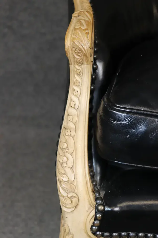 Fine French Carved Leather Paint Decorated Louis XV Settee Canape 1950s Era - Image 9