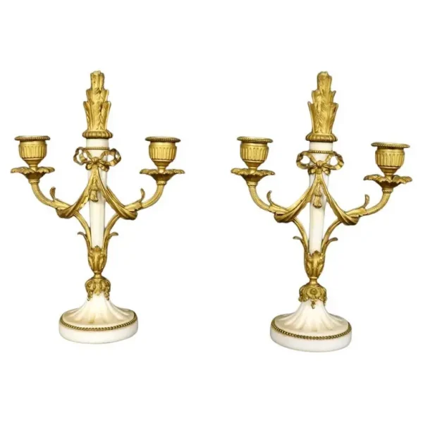 Fine Pair of French Louis XV Style Bronze Candelabras with White Marble Bases