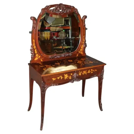 French Art Nouveau Inlaid Walnut and Satinwood ladies Vanity Manner Galle
