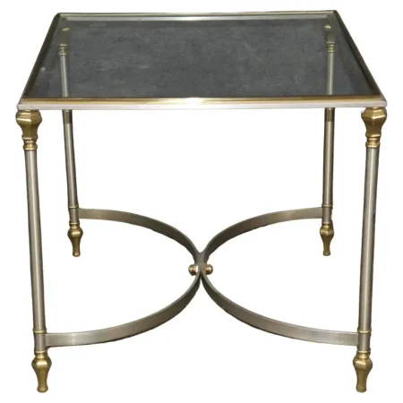 Brass Steel and Glass Top French Maison Jansen Style Directoire End Table