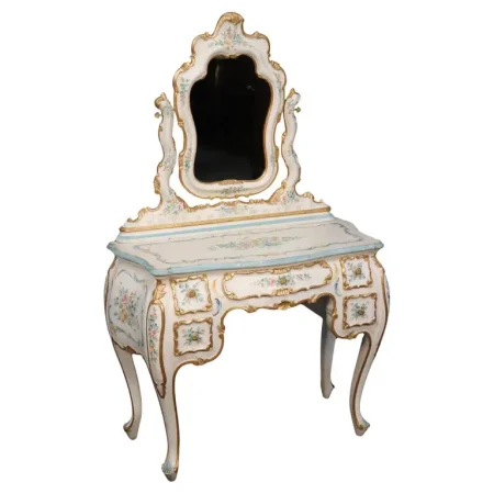Fantastic Antique Painted Gilded Italian Venetian Bombe Vanity with Mirror