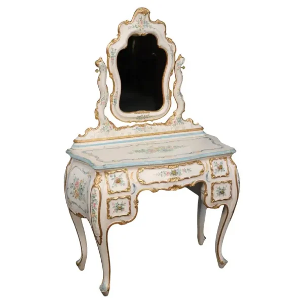 Fantastic Antique Painted Gilded Italian Venetian Bombe Vanity with Mirror