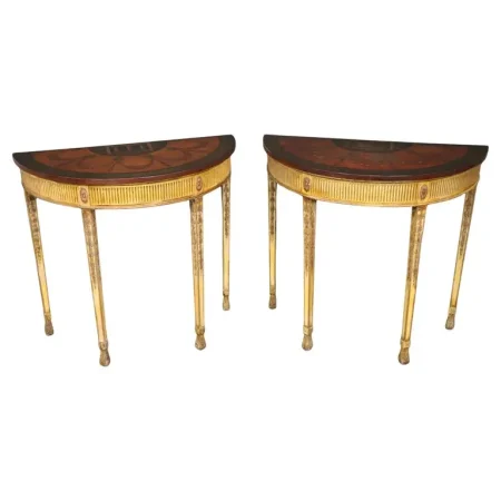 Fine Pair English Adams Paint Decorated Demilune Figural Console Tables