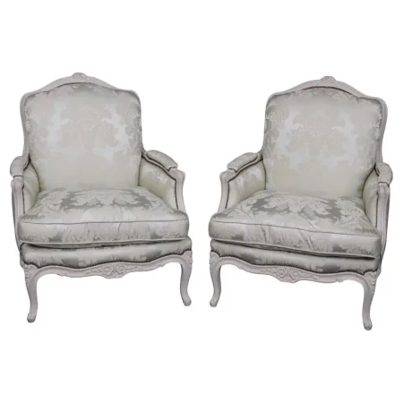 Fine Pair Silk Upholstered Maison Jansen Attributed Large Scale Bergère Chairs