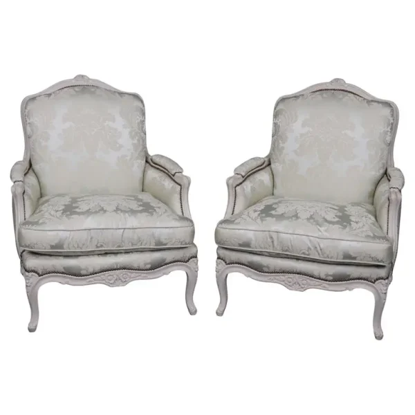 Fine Pair Silk Upholstered Maison Jansen Attributed Large Scale Bergère Chairs