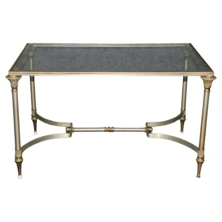 Diminutive Size Maison Jansen Style Brass Steel Glass Directoire Coffee Table