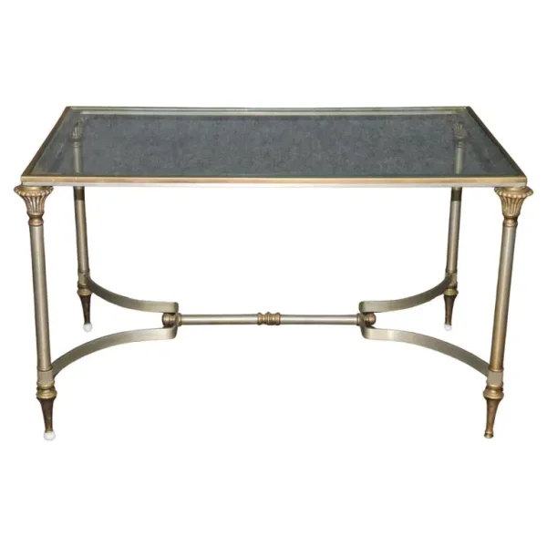 Diminutive Size Maison Jansen Style Brass Steel Glass Directoire Coffee Table
