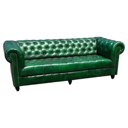 Emerald Green Patinated English Tufted Leather 8ft Chesterfield Sofa
