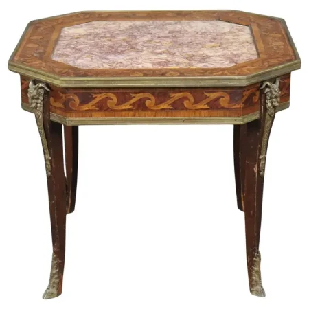 Fine Marble and Inlaid Walnut Rams French Louis XV Bronze Mounted Accent Table