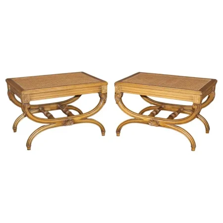 Fine Pair French Walnut Cane Directoire 1950s era X Cerule X Benches