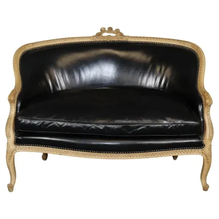 Fine French Carved Leather Paint Decorated Louis XV Settee Canape 1950s Era