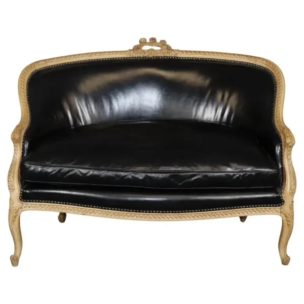 Fine French Carved Leather Paint Decorated Louis XV Settee Canape 1950s Era