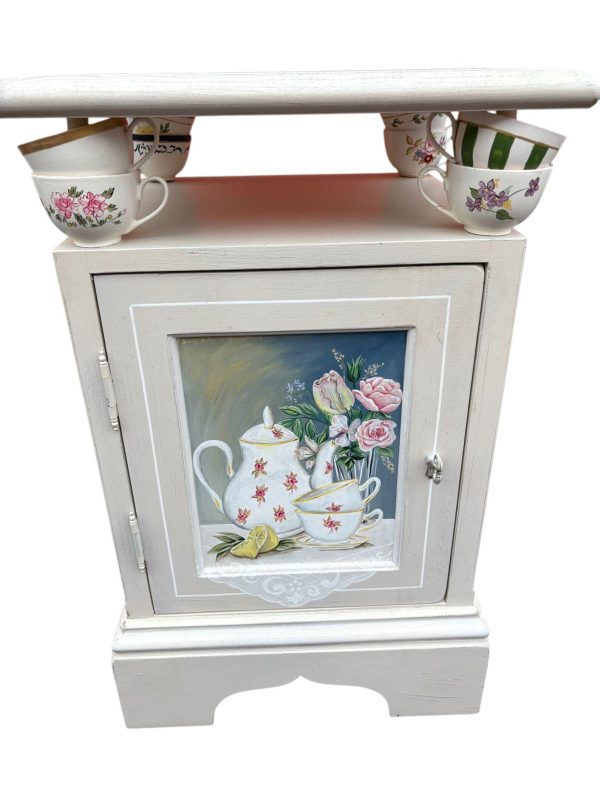 Charming Hand-Painted White Side Table with Teacup Accents - Image 3