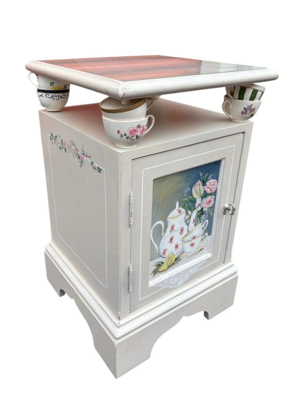 Charming Hand-Painted White Side Table with Teacup Accents - Image 2