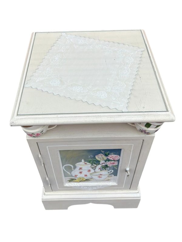 Charming Hand-Painted White Side Table with Teacup Accents - Image 4