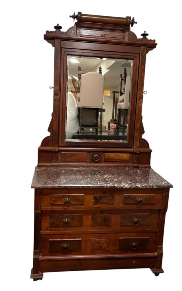 Antique Walnut Marble Top Dresser With Large Mirror - Image 4