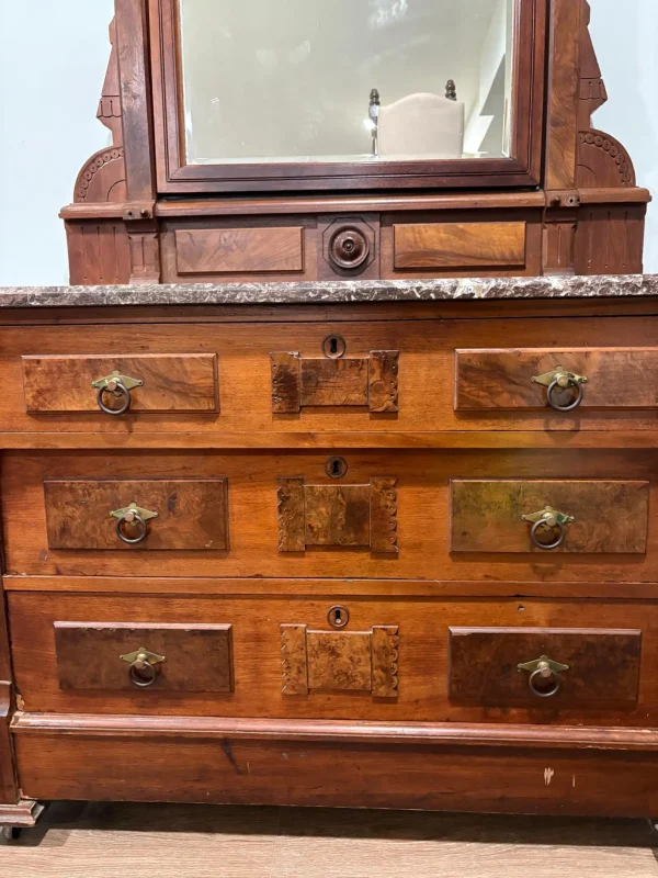 Antique Walnut Marble Top Dresser With Large Mirror - Image 7